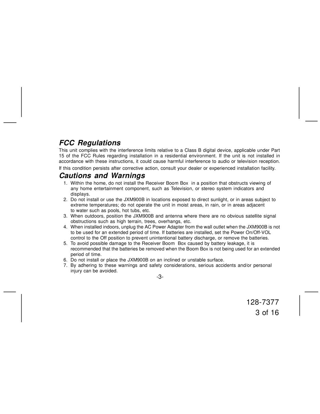 Jensen JXM900B manual FCC Regulations 