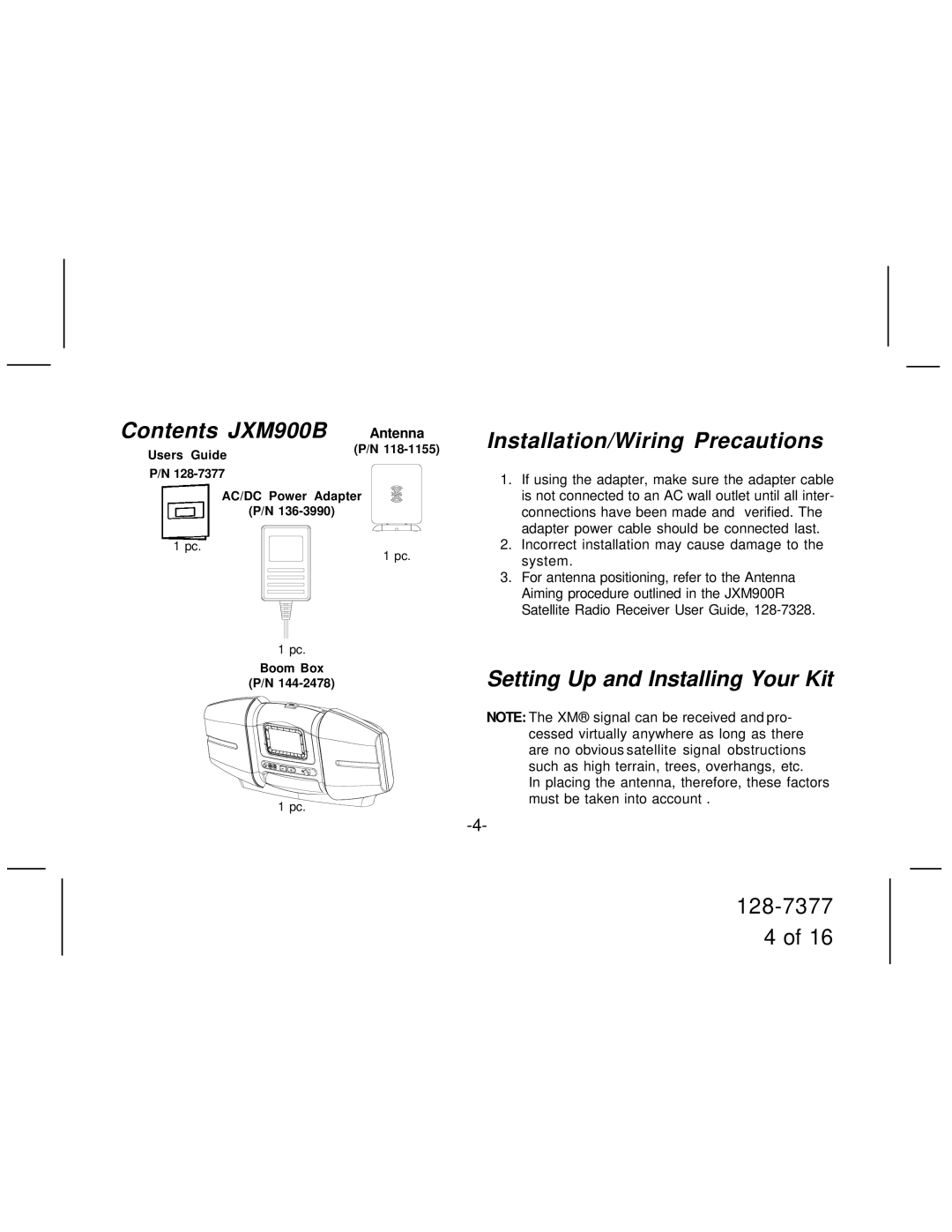 Jensen manual Contents JXM900B Antenna, Installation/Wiring Precautions, Setting Up and Installing Your Kit 