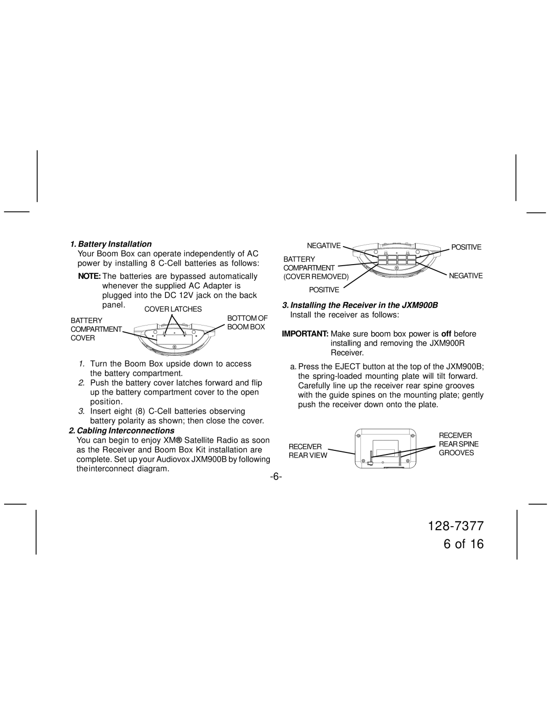 Jensen JXM900B manual Battery Installation, Cabling Interconnections 