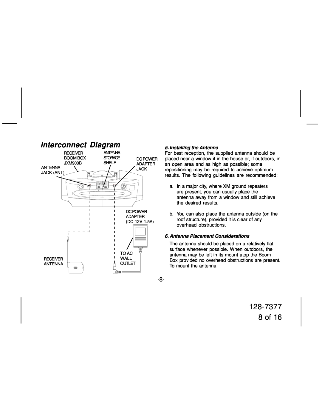 Jensen JXM900B manual Interconnect Diagram, 128-7377 8 of, Installing the Antenna, Antenna Placement Considerations 