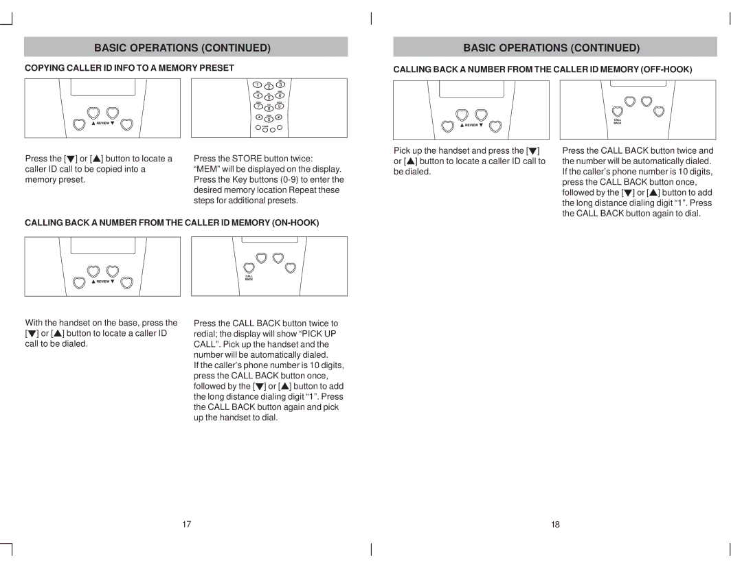 Jensen KT2012 owner manual Calling Back a Number from the Caller ID Memory ON-HOOK 