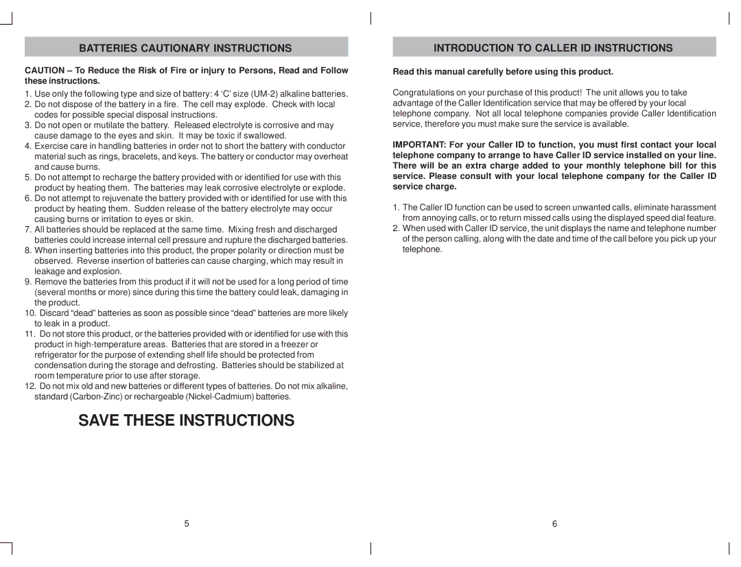 Jensen KT2012 owner manual Batteries Cautionary Instructions, Introduction to Caller ID Instructions 