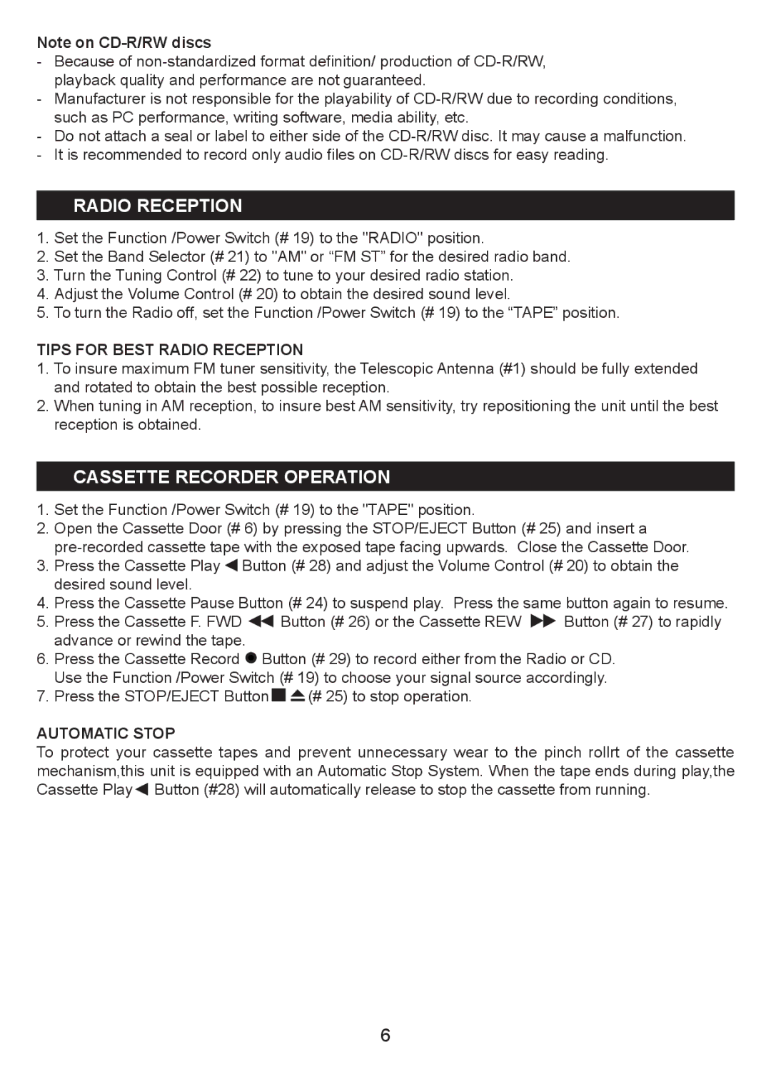 Jensen KT2028A owner manual Cassette Recorder Operation, Tips for Best Radio Reception, Automatic Stop 