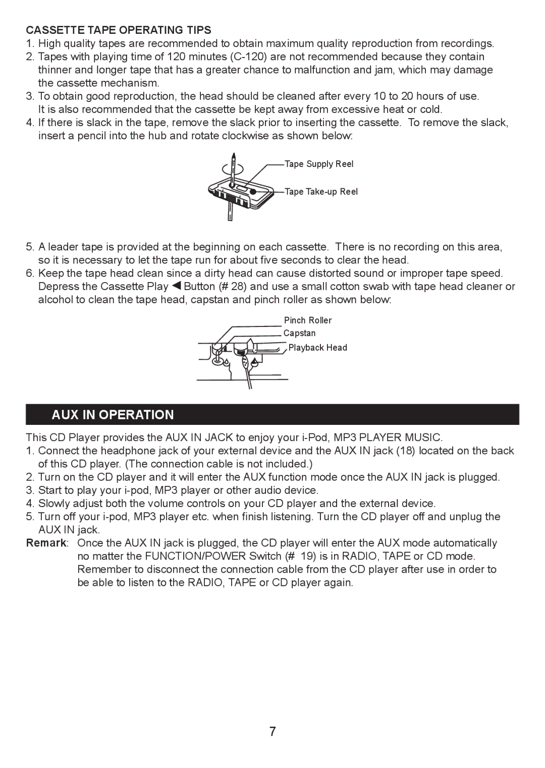 Jensen KT2028A owner manual AUX in Operation, Cassette Tape Operating Tips 