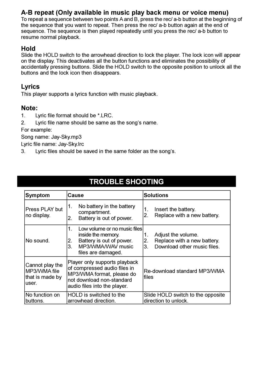 Jensen KT2045 owner manual Trouble Shooting, Symptom Cause Solutions 