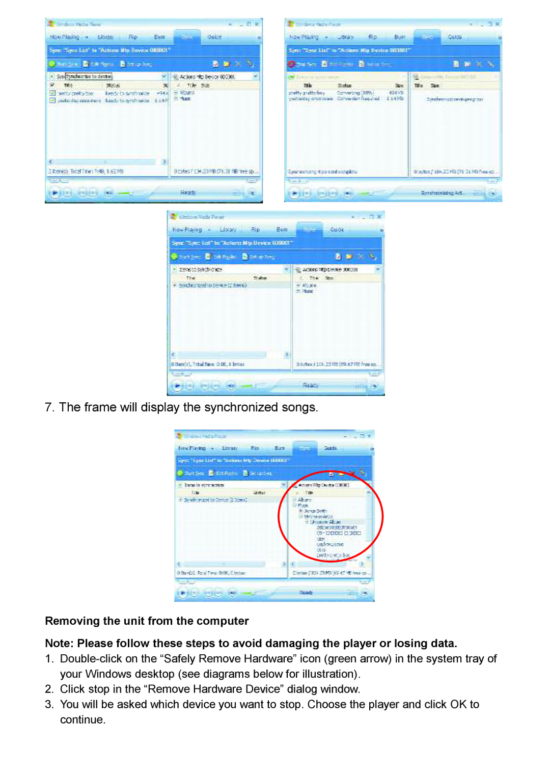 Jensen KT2045 owner manual Frame will display the synchronized songs, Removing the unit from the computer 