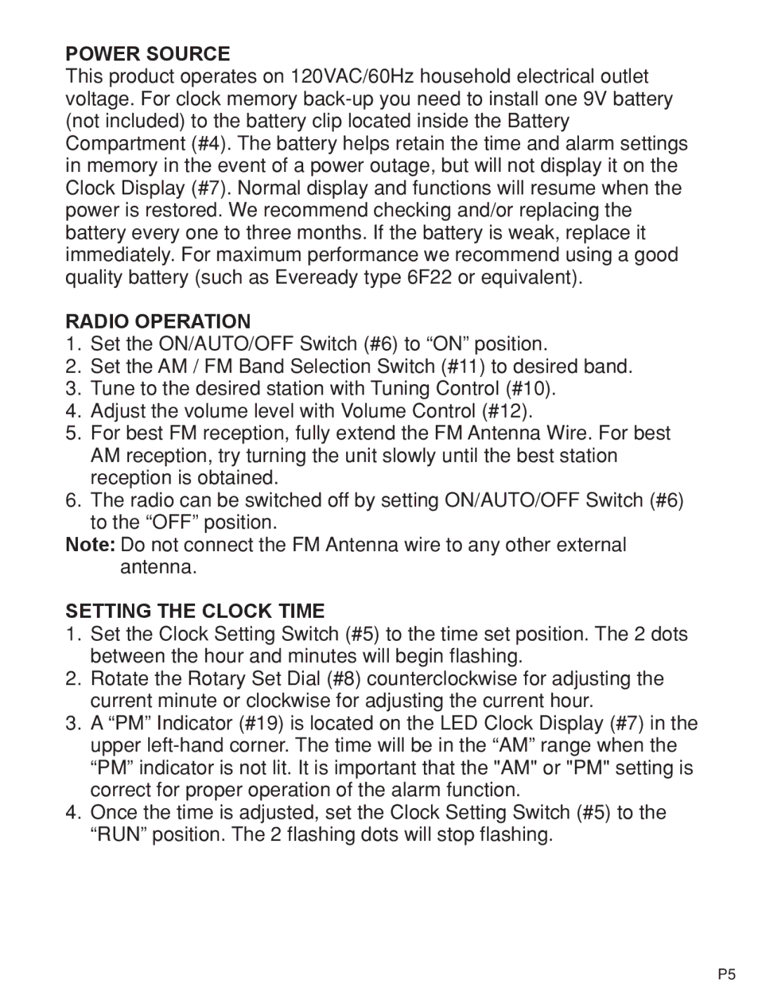 Jensen KT2054 manual Power Source, Radio Operation, Setting the Clock Time 