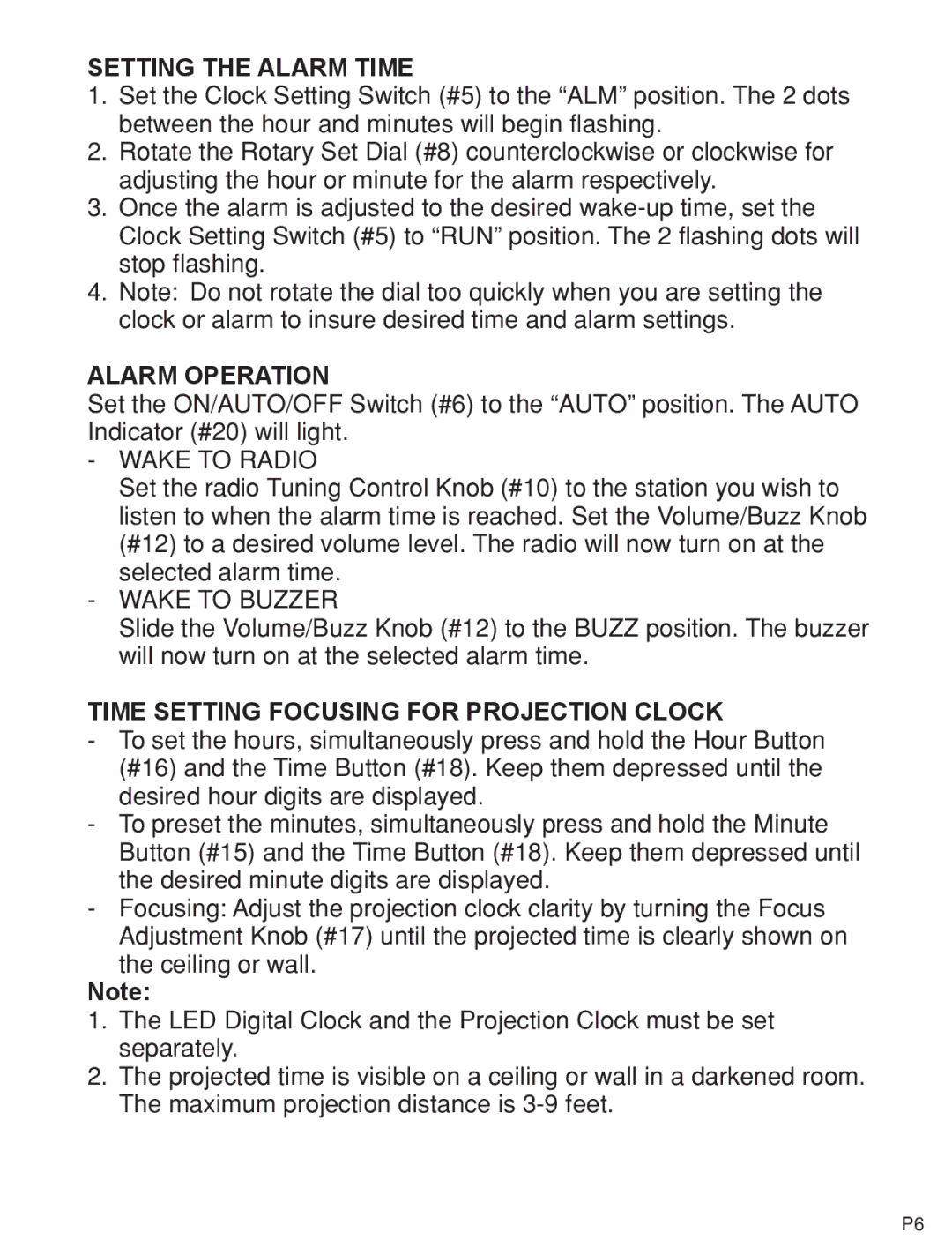 Jensen KT2054 manual Setting the Alarm Time, Alarm Operation, Time Setting Focusing for Projection Clock 