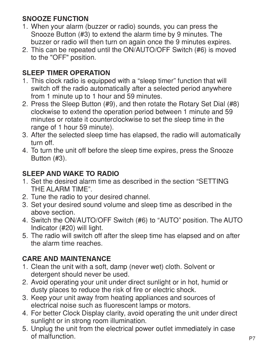 Jensen KT2054 manual Snooze Function, Sleep Timer Operation, Sleep and Wake to Radio, Care and Maintenance 