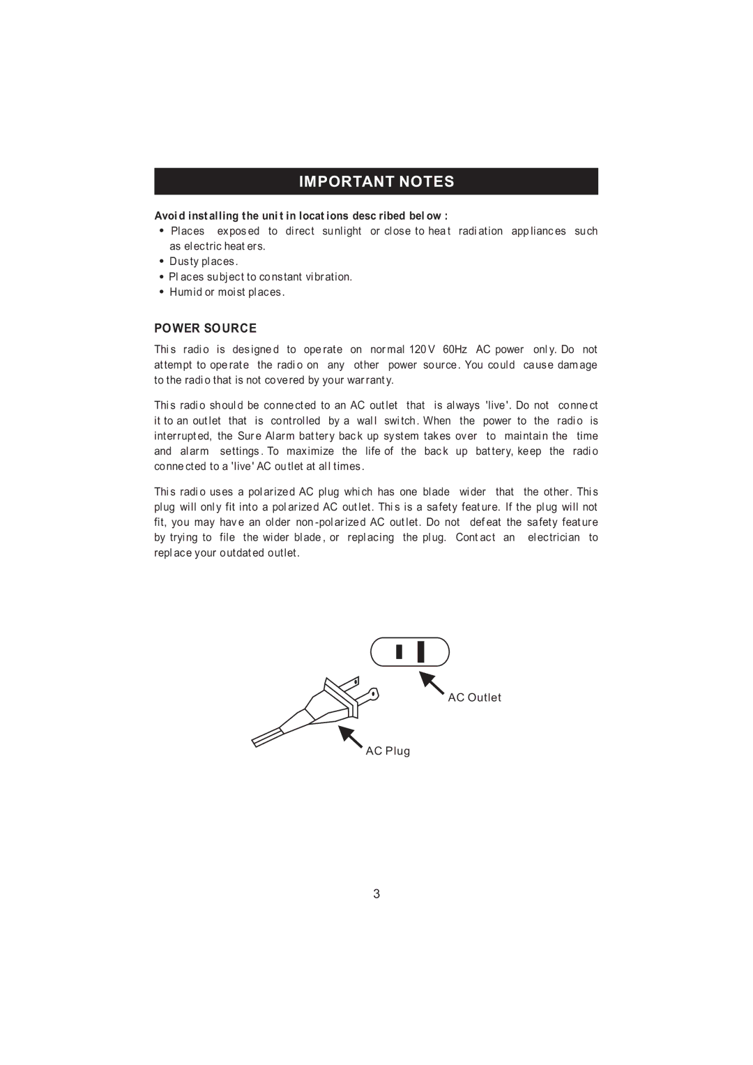 Jensen KT2056 owner manual Important Notes, Power Source 