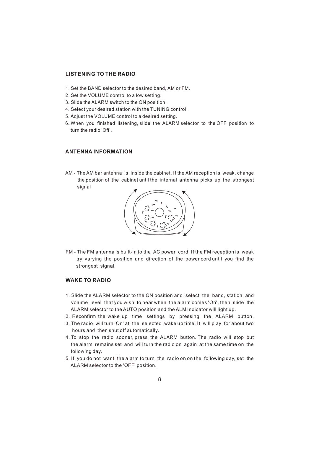 Jensen KT2056 owner manual Listening to the Radio, Antenna Information, Wake to Radio 