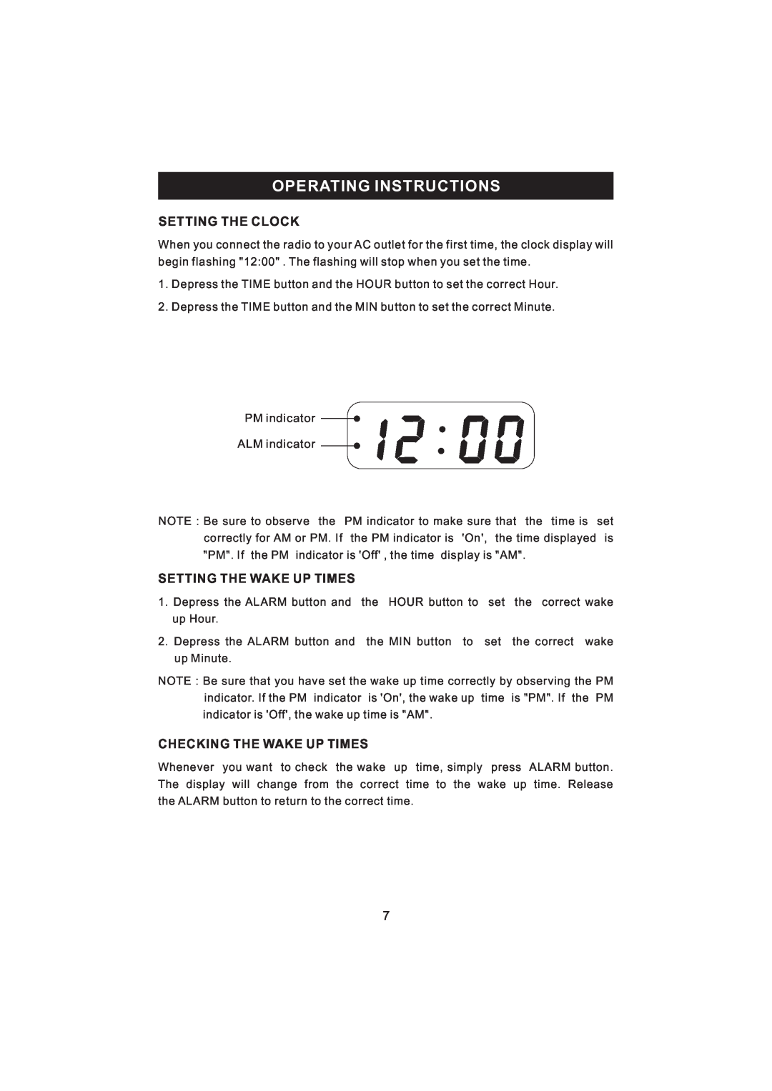 Jensen KT2056 owner manual Operating Instructions, Setting The Clock, Setting The Wake Up Times, Checking The Wake Up Times 