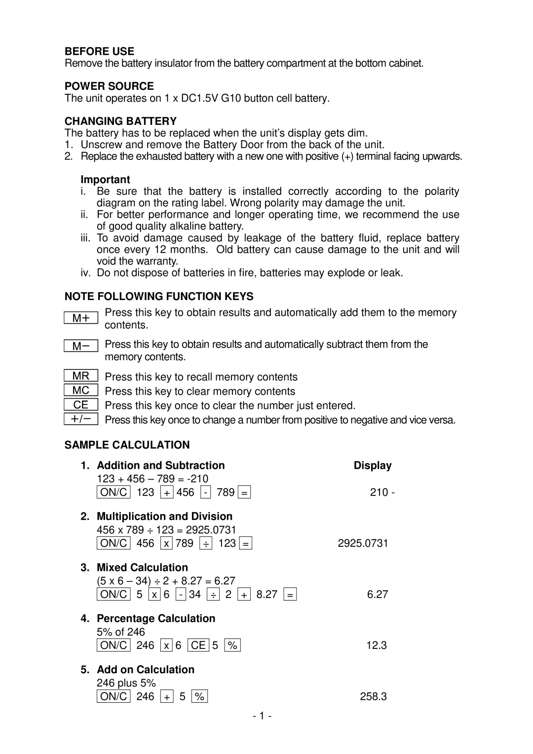 Jensen KT2088 owner manual Before USE, Power Source, Changing Battery, Sample Calculation 