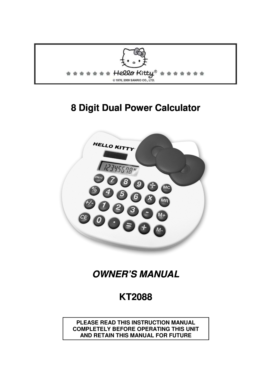 Jensen KT2088 owner manual Digit Dual Power Calculator, Owner’S Manual 