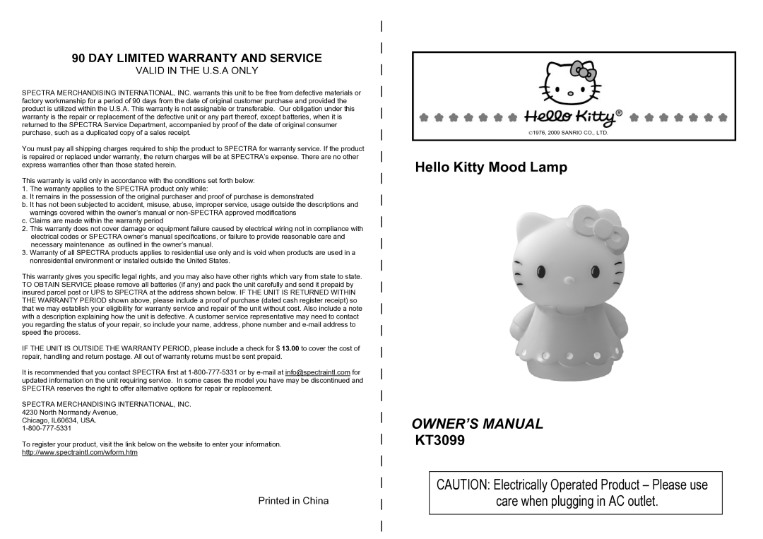 Jensen owner manual Hello Kitty Mood Lamp KT3099, DAY Limited Warranty and Service, Valid in the U.S.A only 