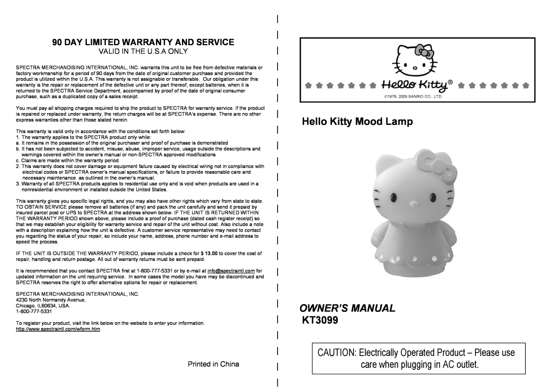 Jensen KT3099 owner manual Hello Kitty Mood Lamp, Day Limited Warranty And Service, Valid In The U.S.A Only 