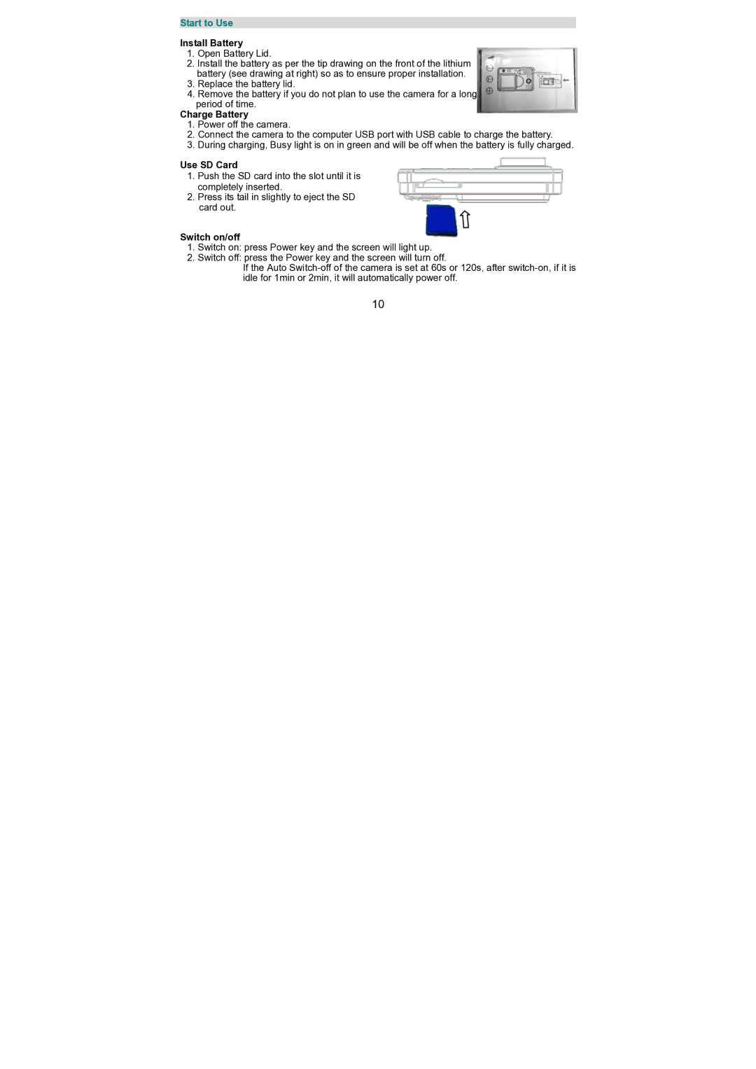 Jensen KT7015A owner manual Start to Use, Install Battery, Charge Battery, Use SD Card, Switch on/off 