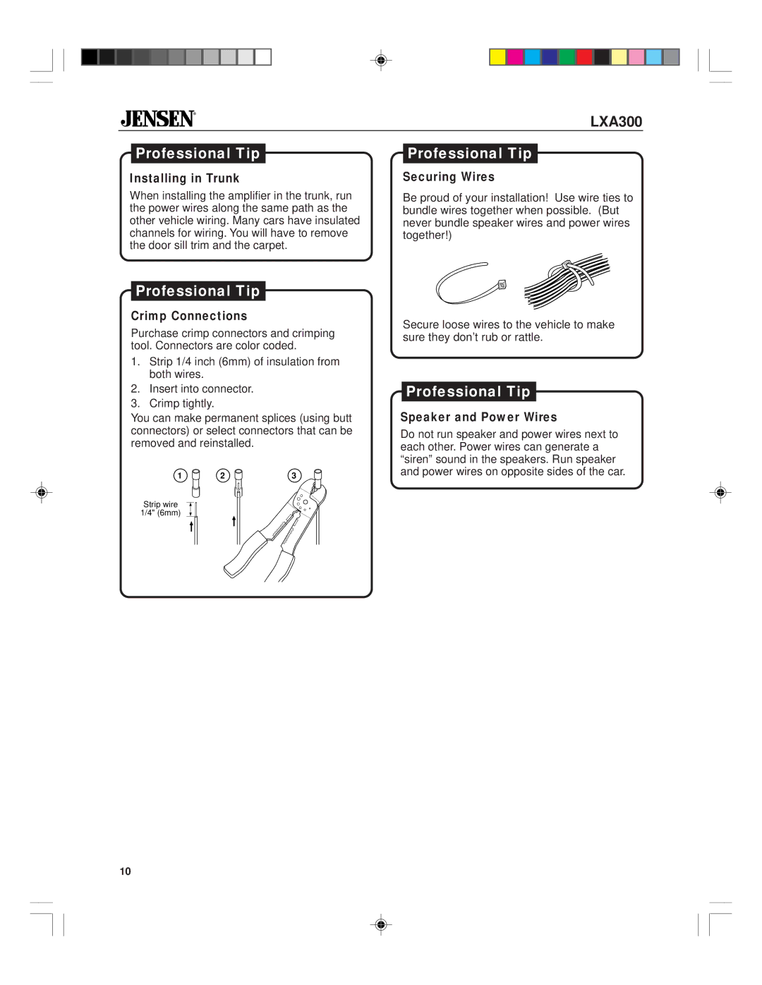 Jensen LXA300 owner manual Installing in Trunk, Securing Wires, Crimp Connections, Speaker and Power Wires 