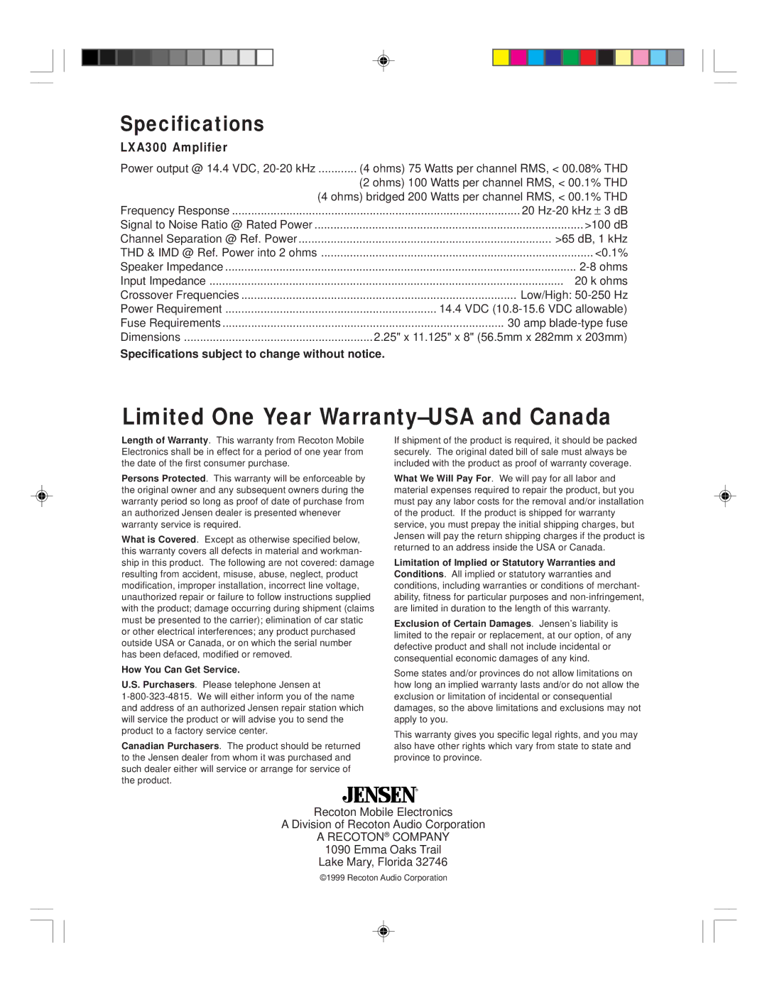 Jensen owner manual Specifications, LXA300 Amplifier 