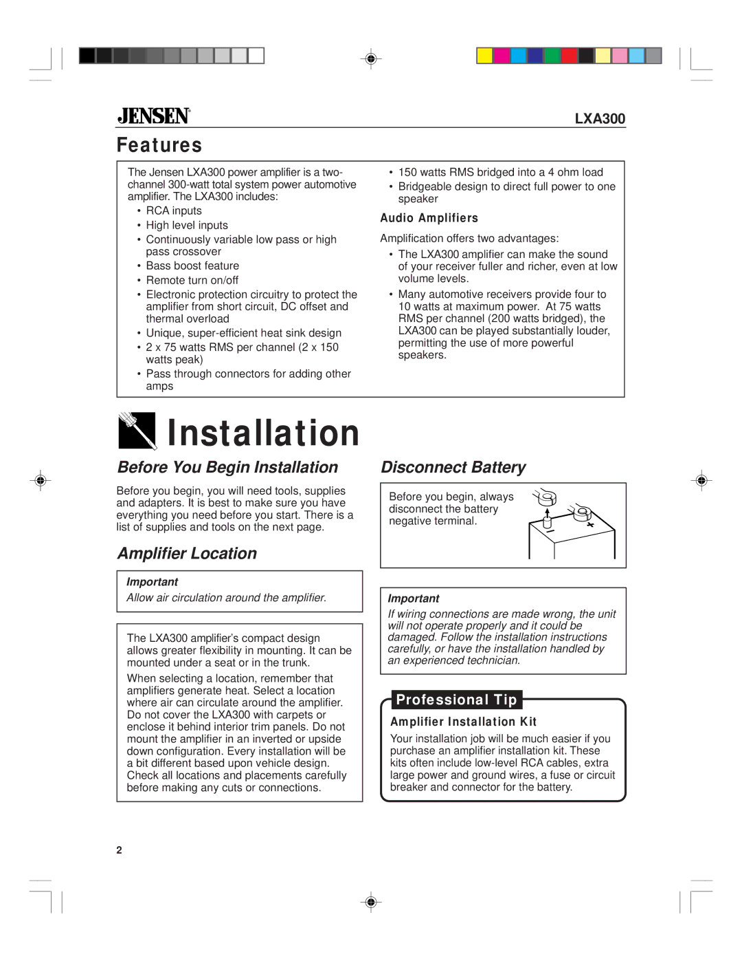 Jensen LXA300 owner manual Before You Begin Installation, Amplifier Location Disconnect Battery, Audio Amplifiers 