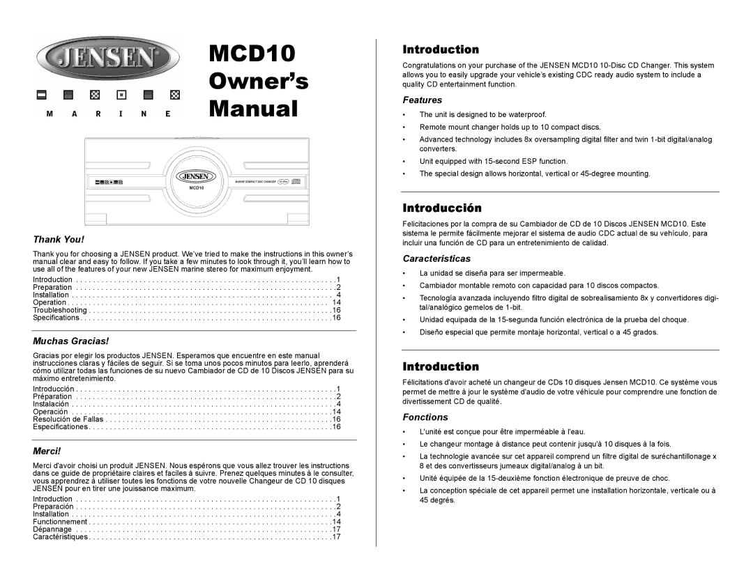 Jensen MCD10 owner manual Introduction, Introducción 