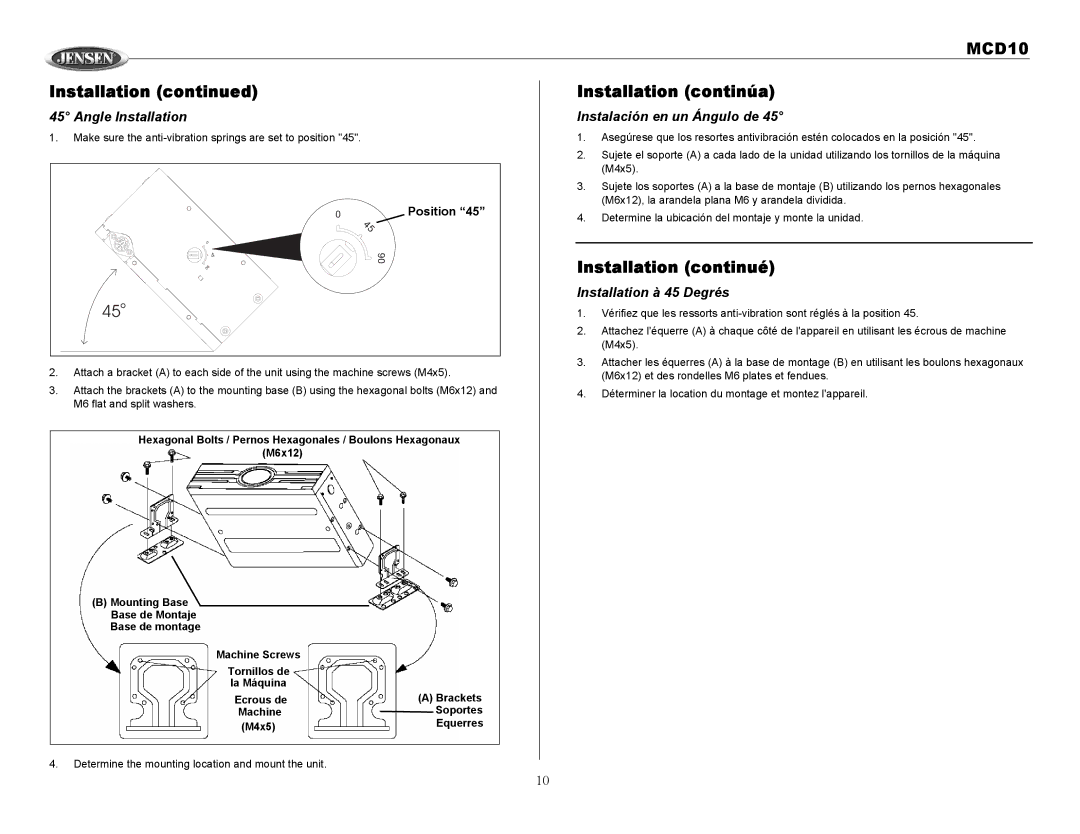 Jensen MCD10 owner manual Angle Installation, Instalación en un Ángulo de, Installation à 45 Degrés 
