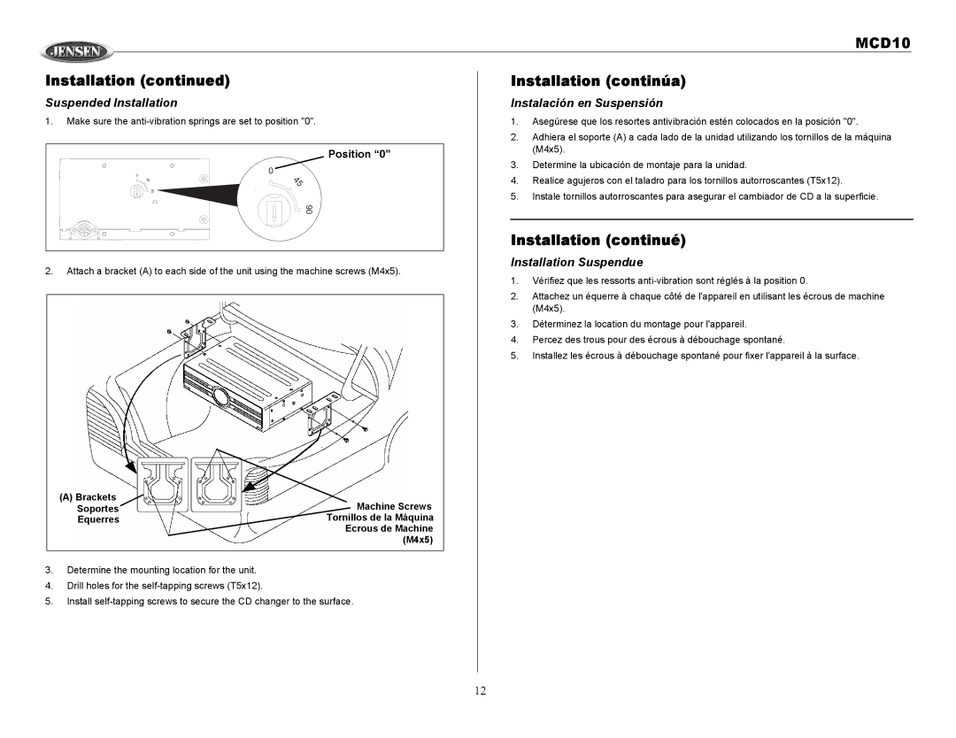 Jensen MCD10 owner manual Suspended Installation, Instalación en Suspensión, Installation Suspendue 