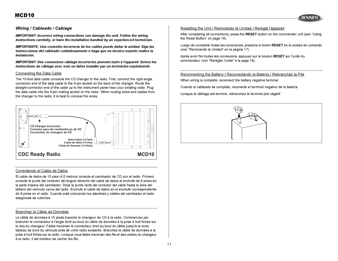 Jensen MCD10 owner manual Wiring / Cableado / Cablage, Connecting the Data Cable, Conectando el Cable de Datos 