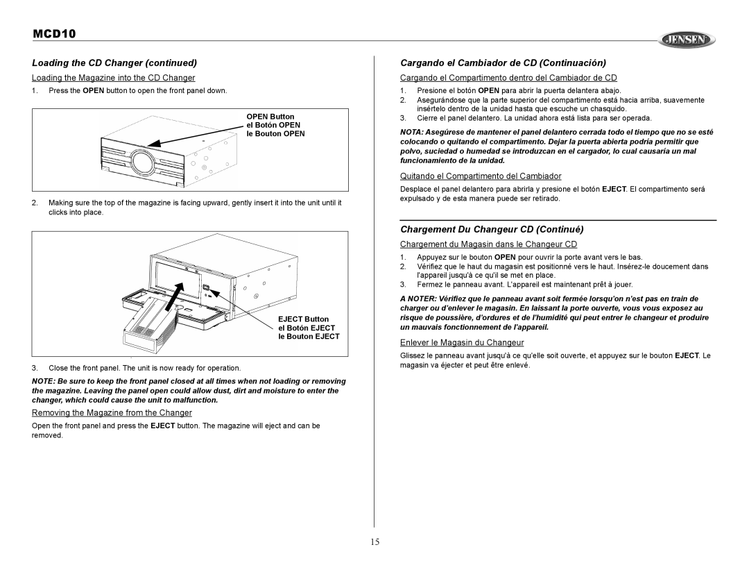 Jensen MCD10 Loading the CD Changer, Cargando el Cambiador de CD Continuación, Chargement Du Changeur CD Continué 