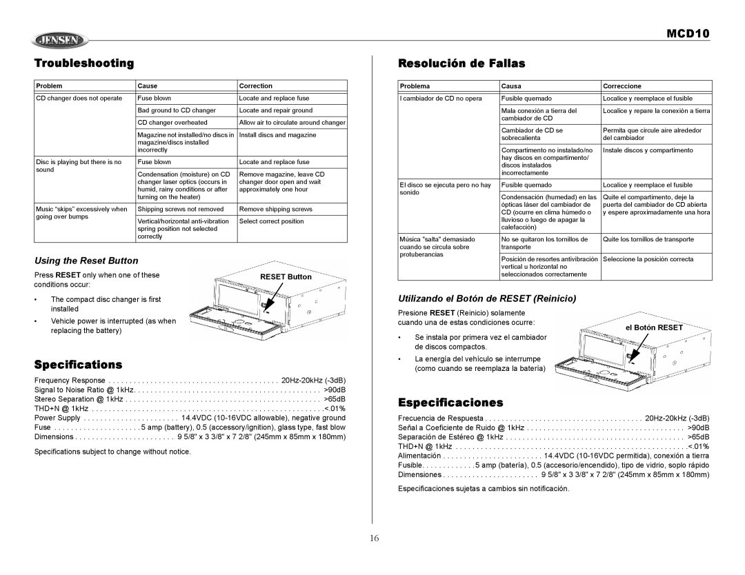 Jensen MCD10 owner manual Troubleshooting Resolución de Fallas, Specifications, Especificaciones, Using the Reset Button 