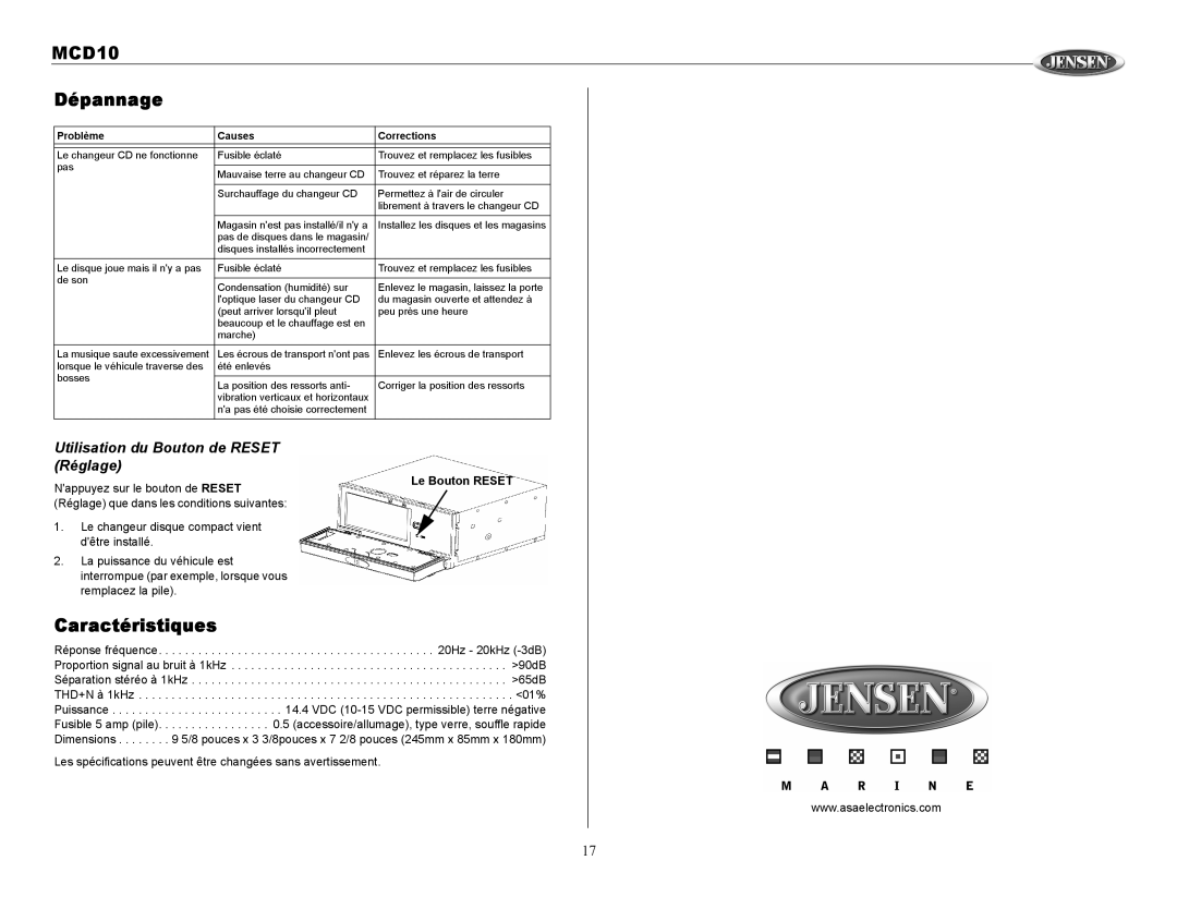 Jensen MCD10 owner manual Dépannage, Caractéristiques, Utilisation du Bouton de Reset Réglage 