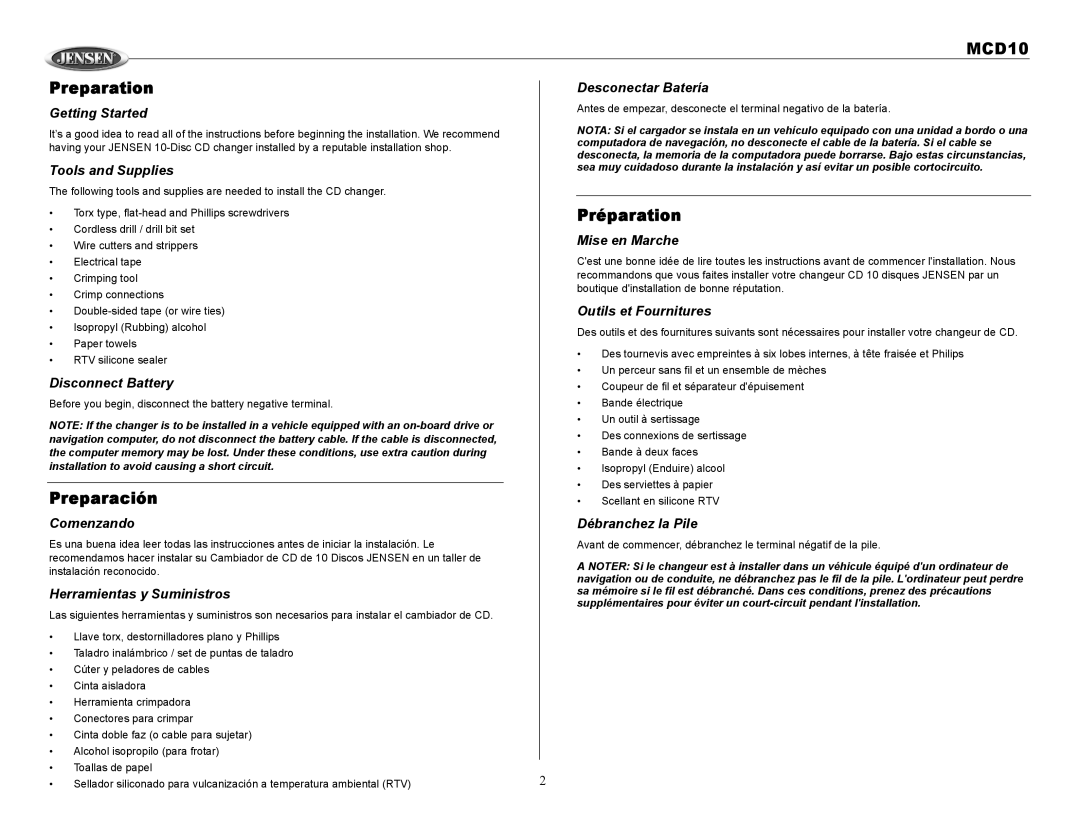 Jensen MCD10 owner manual Preparation, Préparation, Preparación 