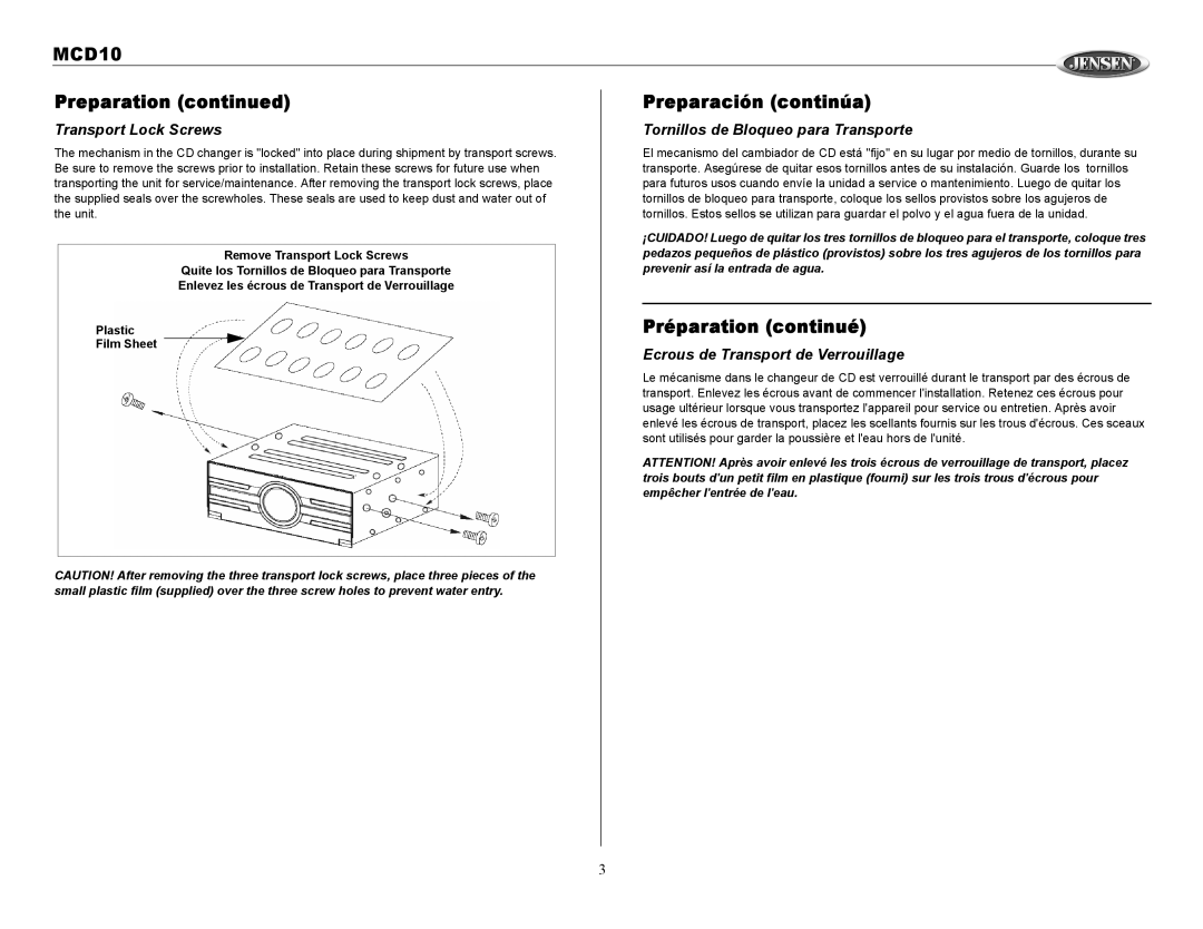 Jensen MCD10 owner manual Preparation Preparación continúa, Préparation continué, Ecrous de Transport de Verrouillage 