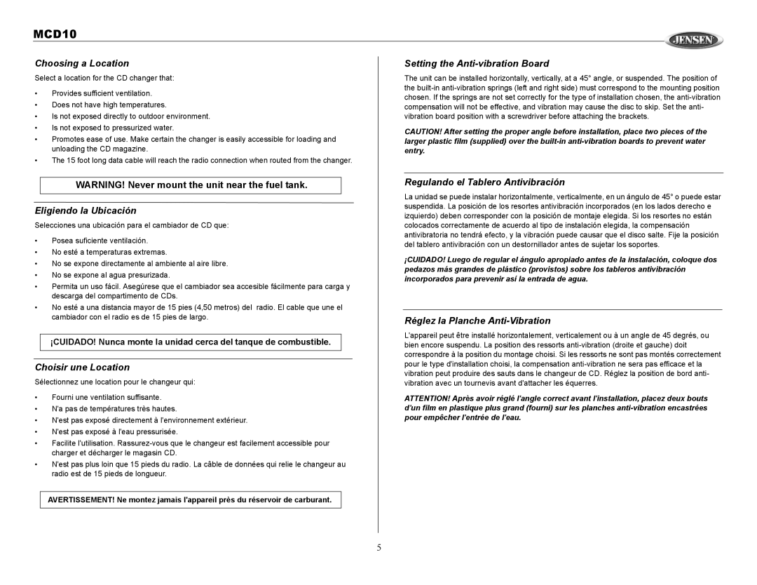 Jensen MCD10 Choosing a Location, Eligiendo la Ubicación, Choisir une Location, Setting the Anti-vibration Board 