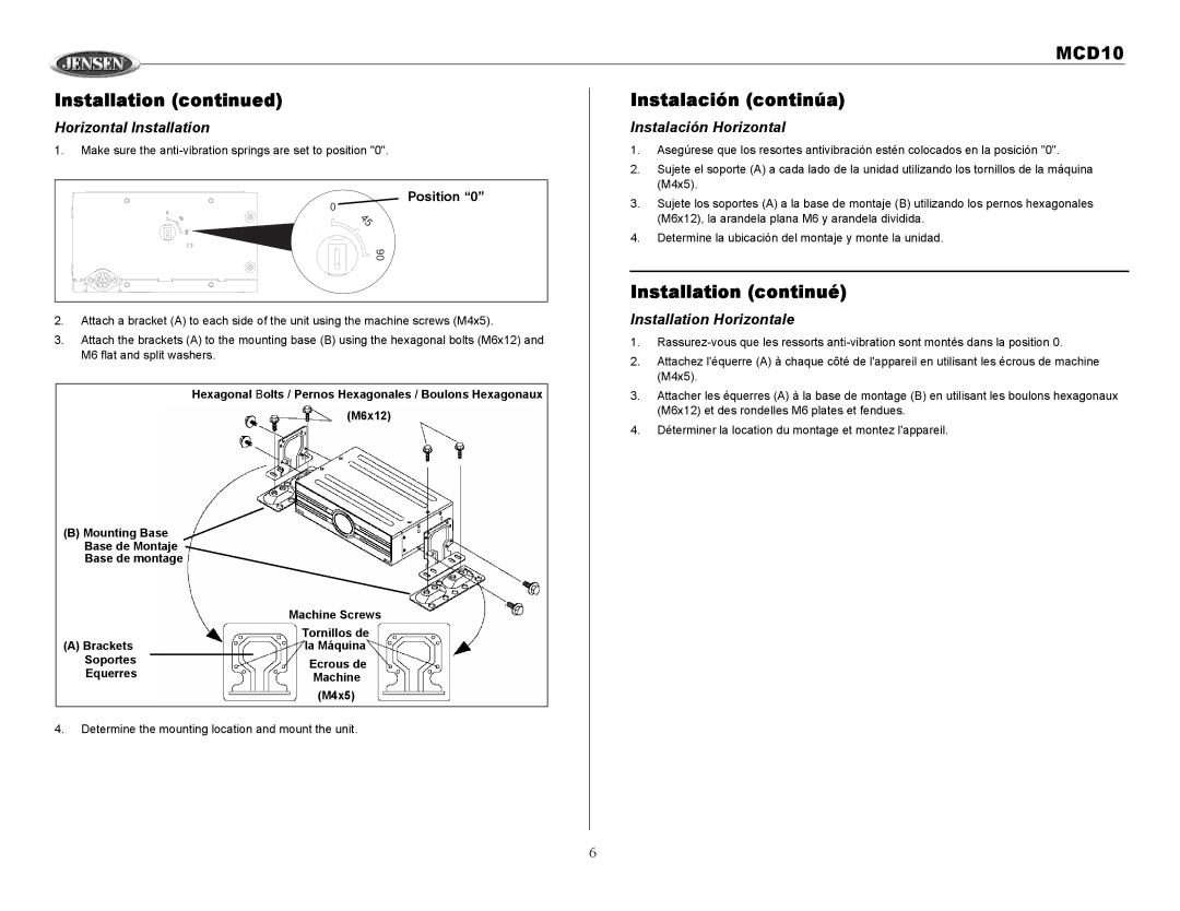 Jensen MCD10 owner manual Instalación continúa, Installation continué, Horizontal Installation, Instalación Horizontal 