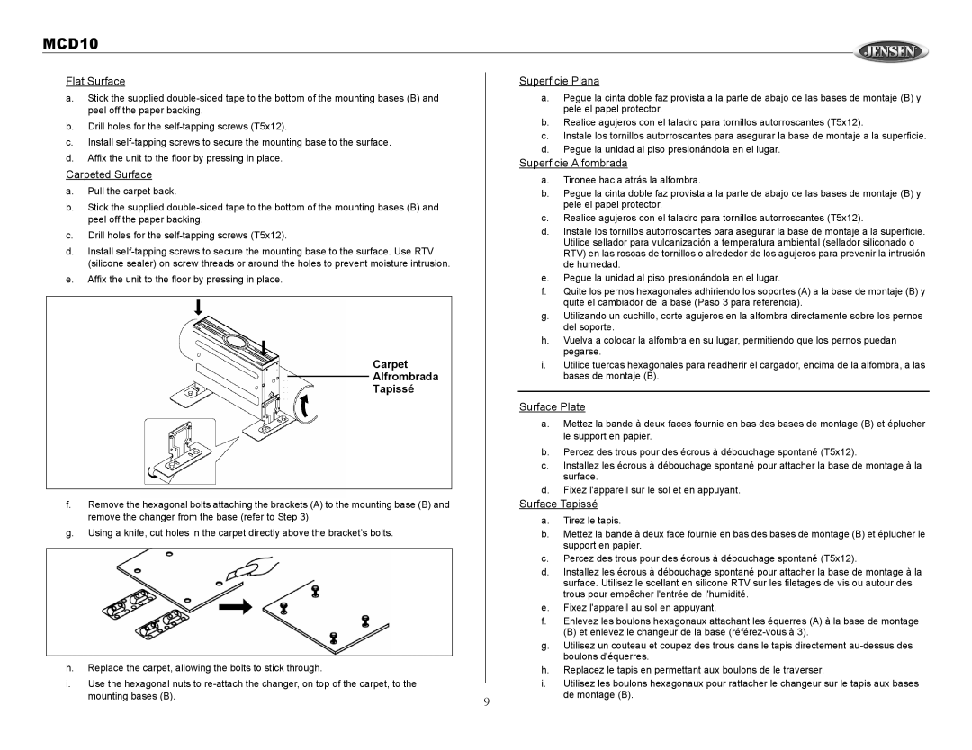 Jensen MCD10 owner manual Flat Surface, Carpet Alfrombrada Tapissé 