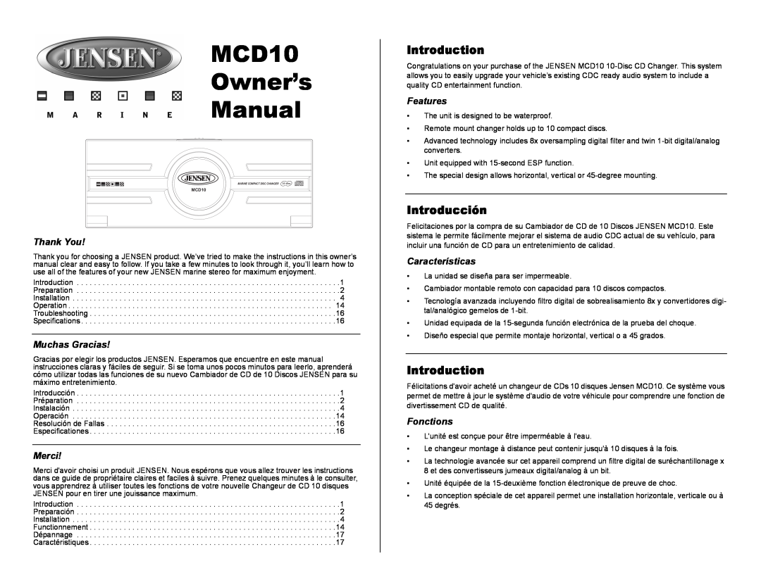 Jensen MCD10 owner manual Introduction, Introducción, Thank You, Muchas Gracias, Merci, Features, Características 
