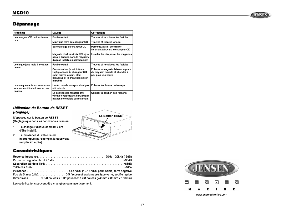 Jensen MCD10 owner manual Dépannage, Caractéristiques, Utilisation du Bouton de RESET Réglage 