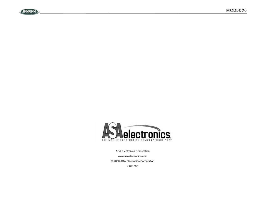 Jensen MCD5070 operation manual ASA Electronics Corporation 071806 