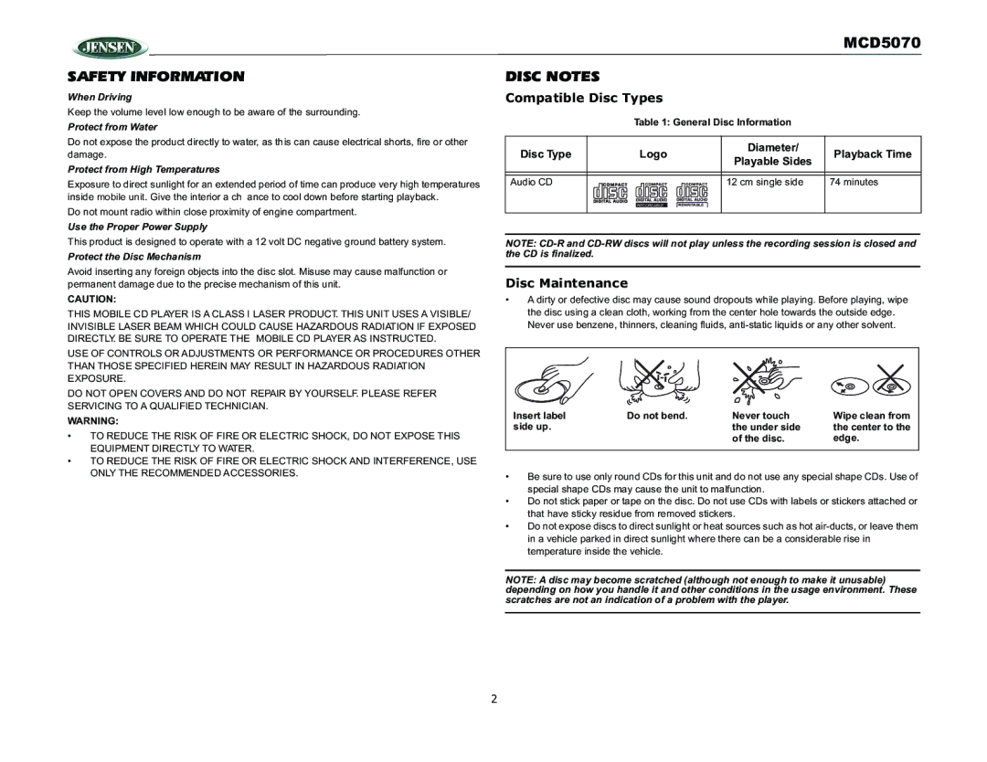 Jensen MCD5070 operation manual Compatible Disc Types, Disc Maintenance 