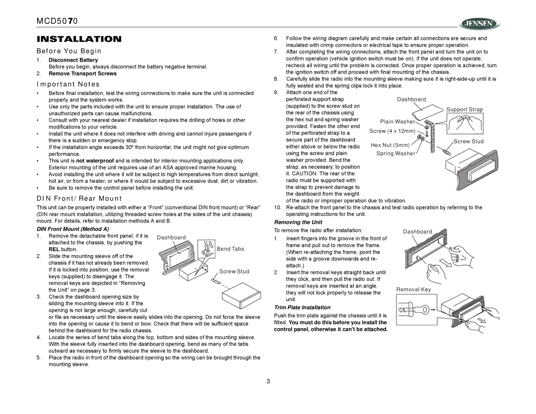 Jensen MCD5070 operation manual Installation, Before You Begin, Important Notes, DIN Front/Rear Mount 