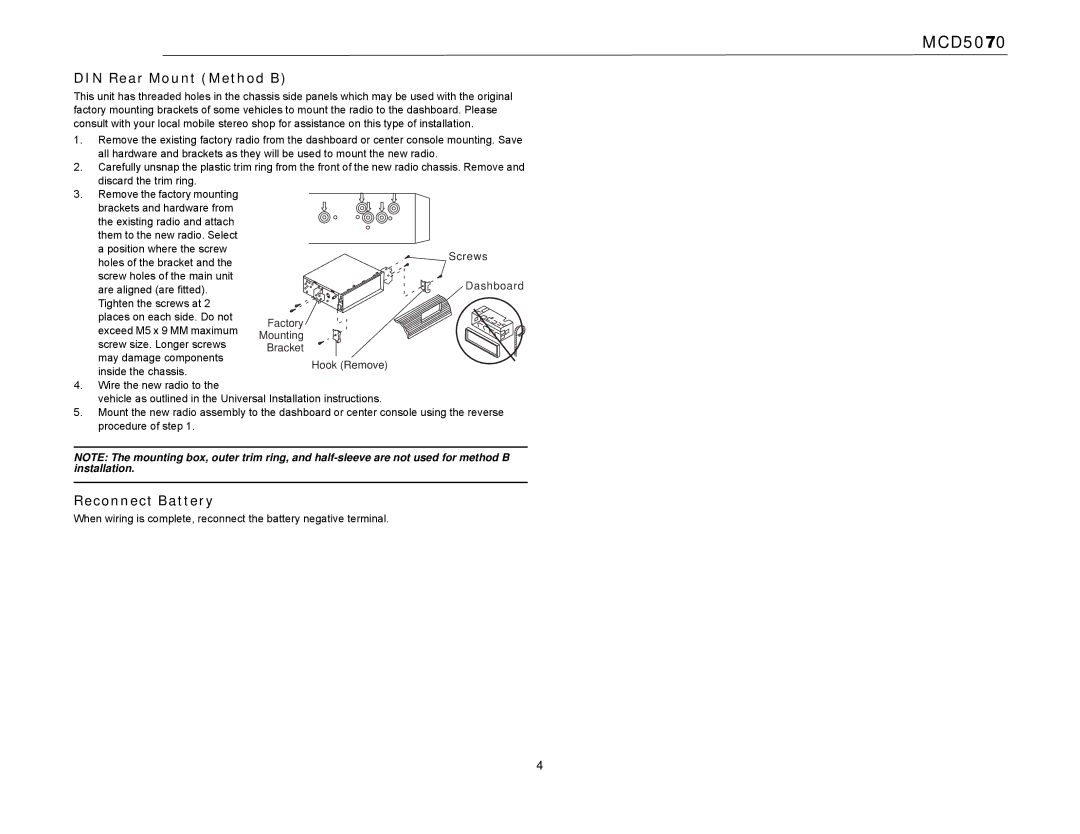 Jensen MCD5070 operation manual DIN Rear Mount Method B, Reconnect Battery 