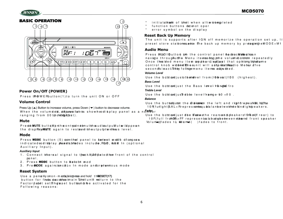 Jensen MCD5070 operation manual Basic Operation 