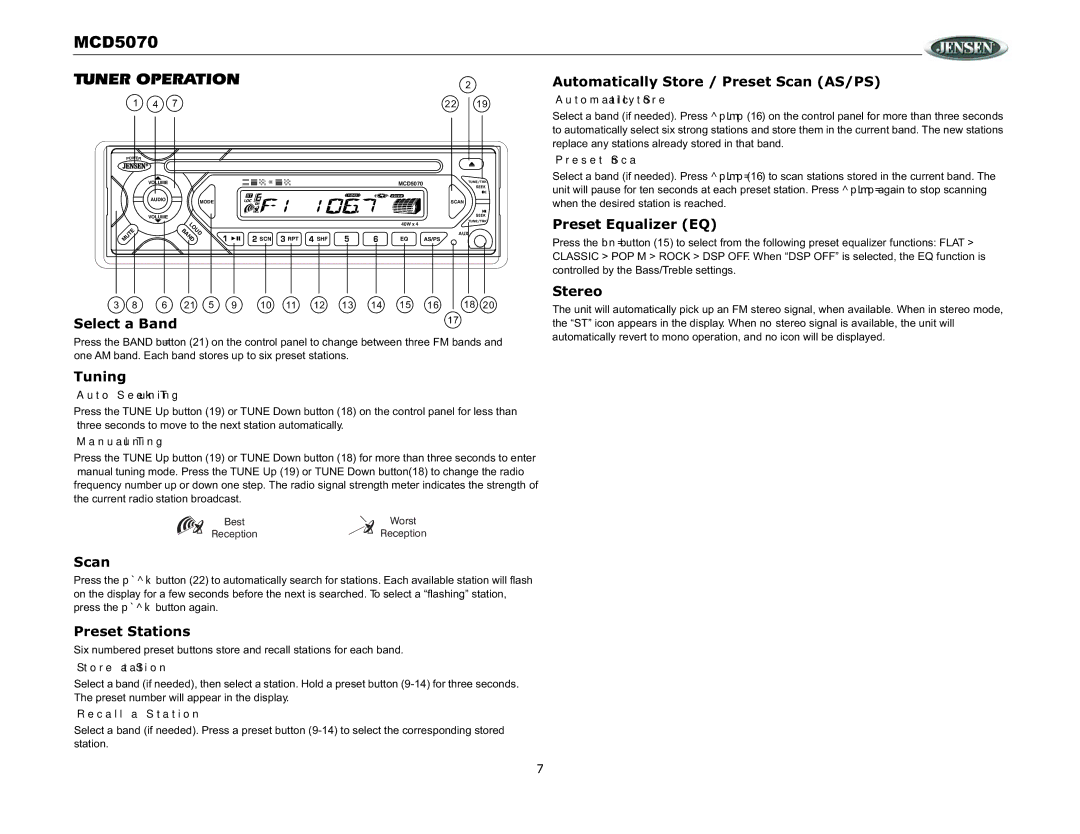 Jensen MCD5070 operation manual Tuner Operation 