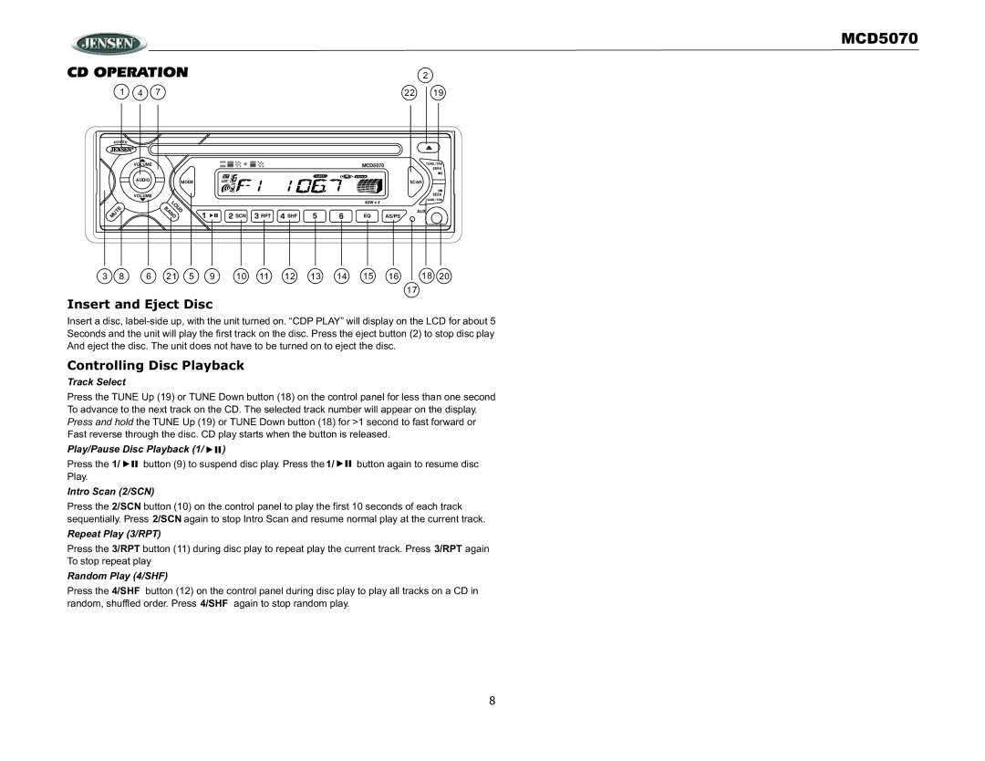 Jensen MCD5070 operation manual CD Operation, Insert and Eject Disc, Controlling Disc Playback 