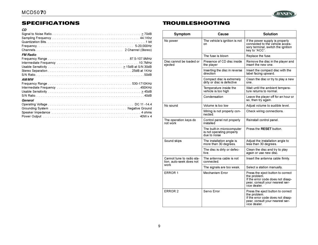 Jensen MCD5070 operation manual Specificationstroubleshooting, FM Radio, General 