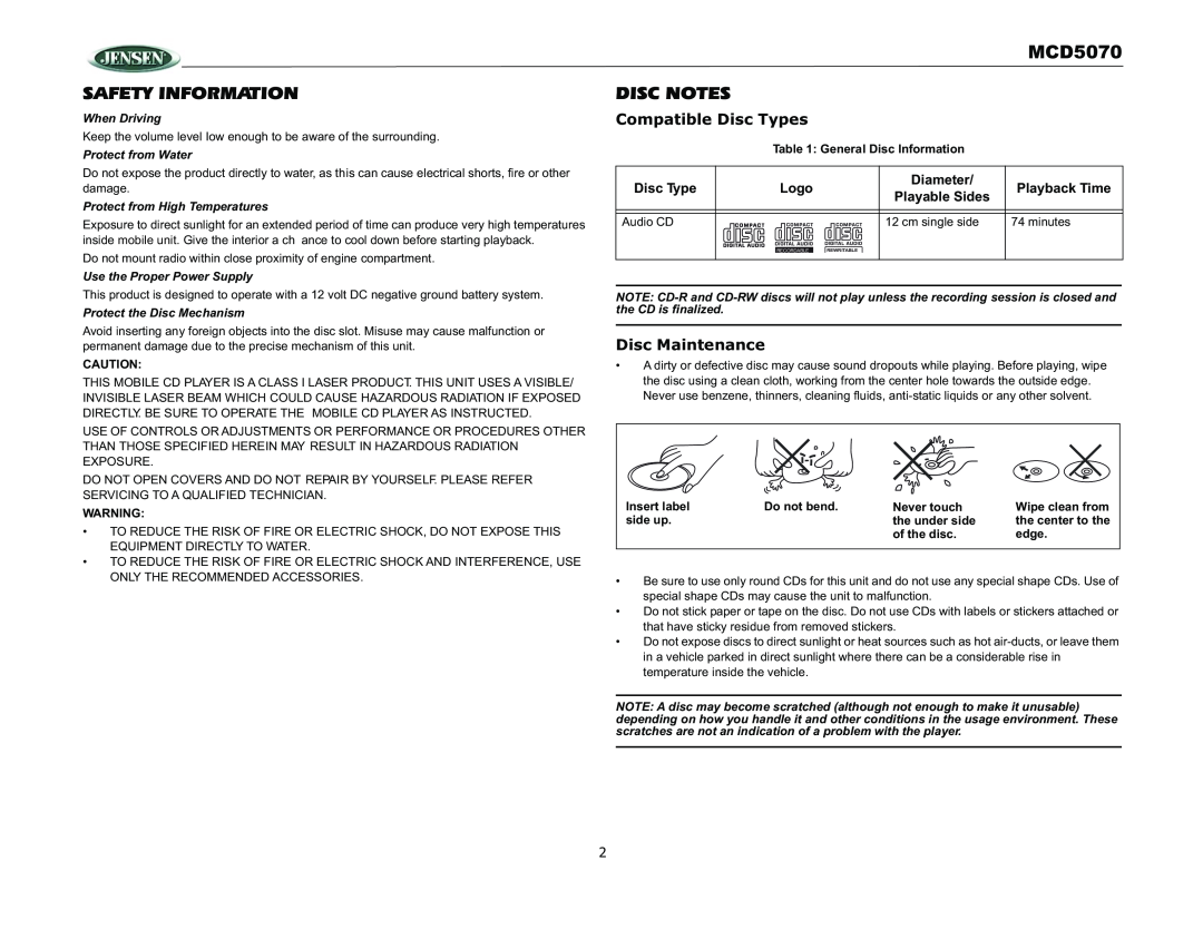 Jensen MCD5070 Safety Information, Disc Notes, Compatible Disc Types, Disc Maintenance, Logo, Playback Time, When Driving 