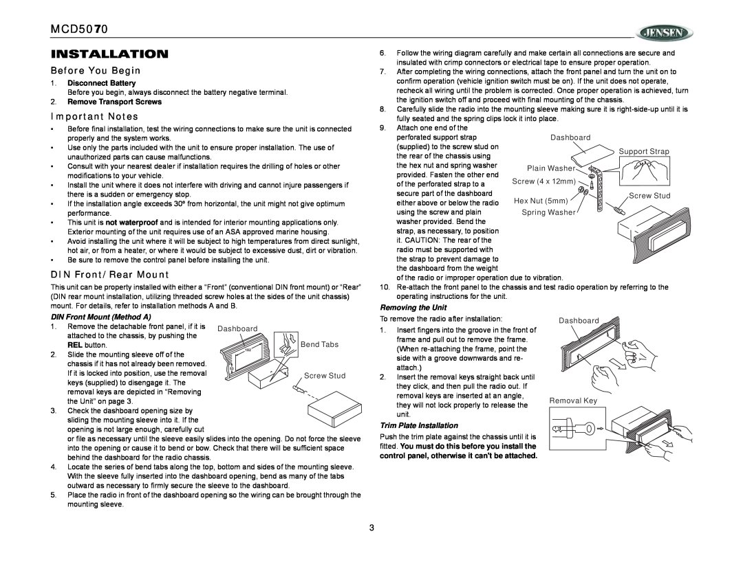 Jensen MCD5070 operation manual Installation, Before You Begin, Important Notes, DIN Front/Rear Mount, Removing the Unit 