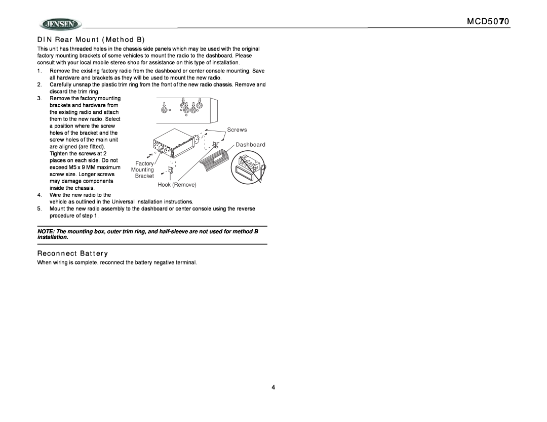 Jensen MCD5070 operation manual DIN Rear Mount Method B, Reconnect Battery 