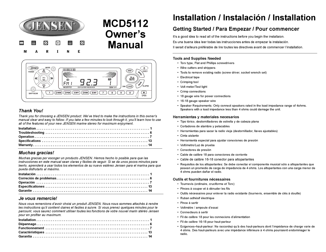 Jensen MCD5112 owner manual Getting Started / Para Empezar / Pour commencer, Thank You, Muchas gracias, Je vous remercie 